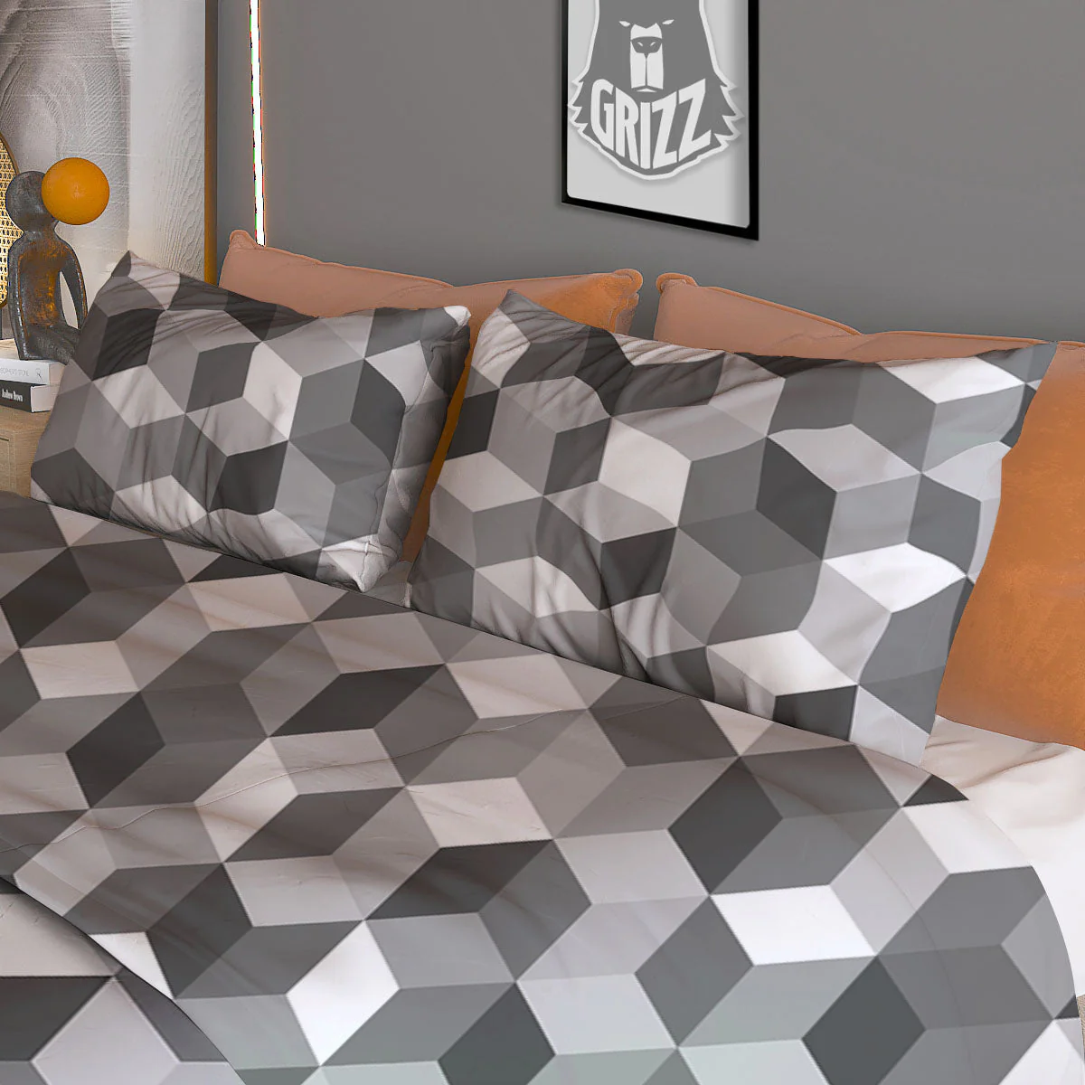 Cube Shape Grey Geometric Print Pattern Duvet Cover Bedding Set - Image 3