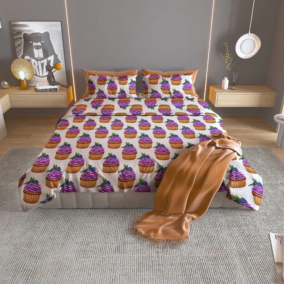 Cupcake Purple Print Pattern Duvet Cover Bedding Set