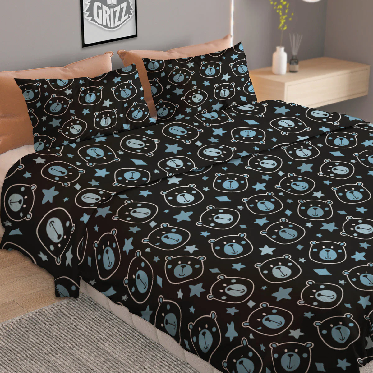 Cute Bear Black Print Pattern Duvet Cover Bedding Set - Image 2
