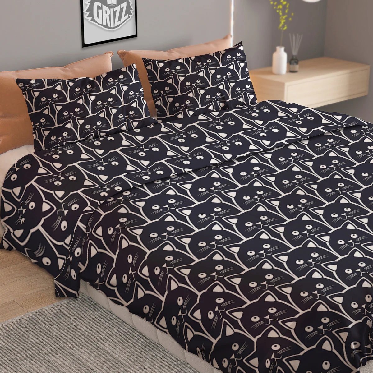 Cute Black Cat Print Pattern Duvet Cover Bedding Set - Image 2