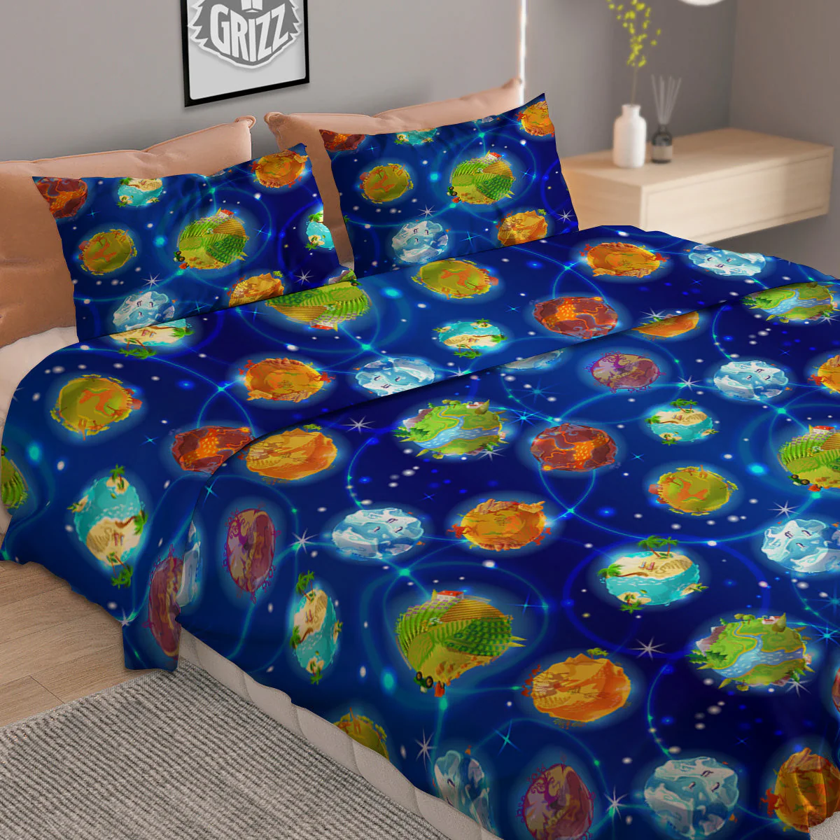 Cute Cartoon Planets Print Pattern Duvet Cover Bedding Set - Image 2