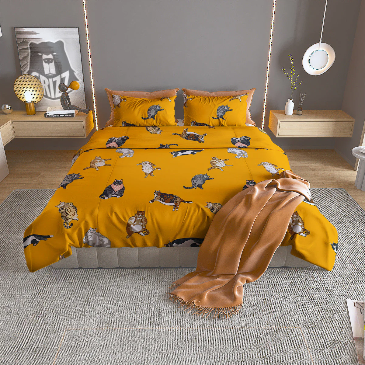 Cute Fat Cat Print Pattern Duvet Cover Bedding Set