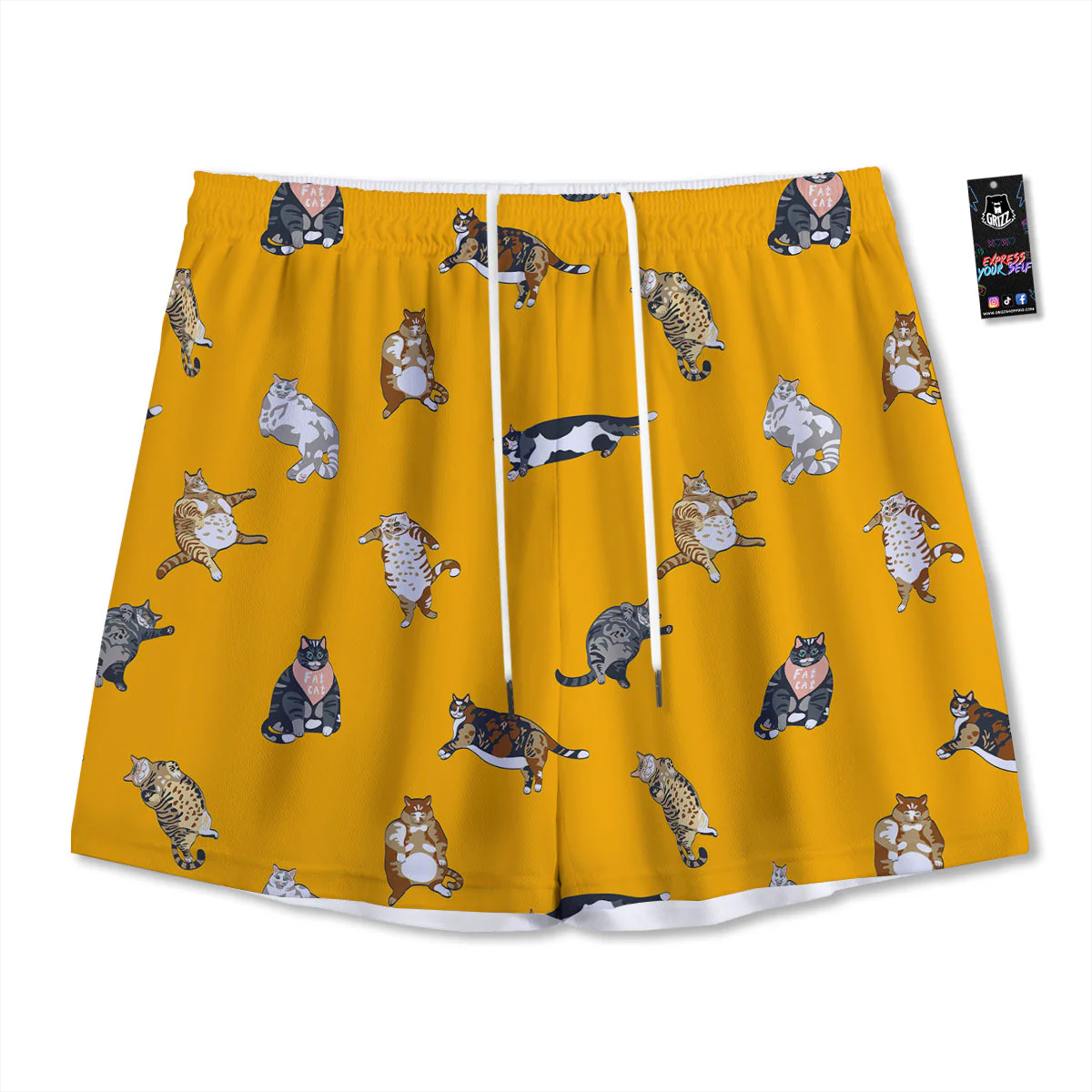 Cute Fat Cat Print Pattern Mesh Shorts