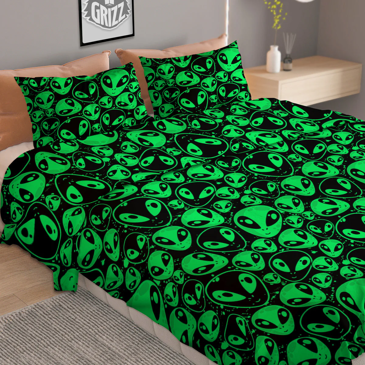 Cute Green Alien Print Pattern Duvet Cover Bedding Set - Image 2