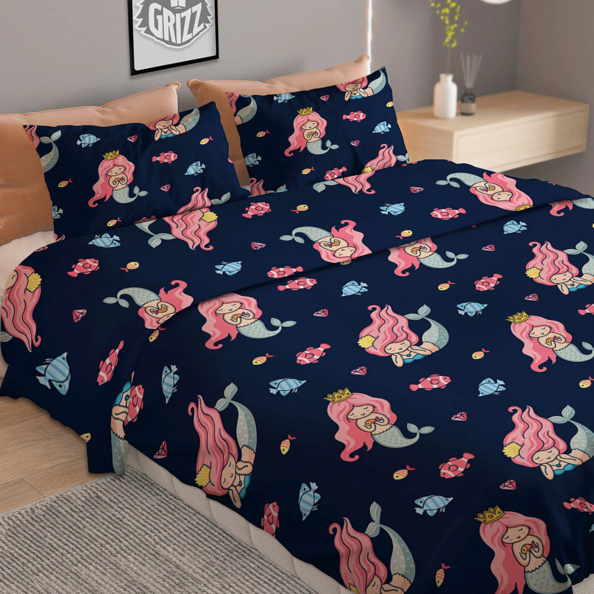 Cute Little Mermaid Print Pattern Duvet Cover Bedding Set - Image 2