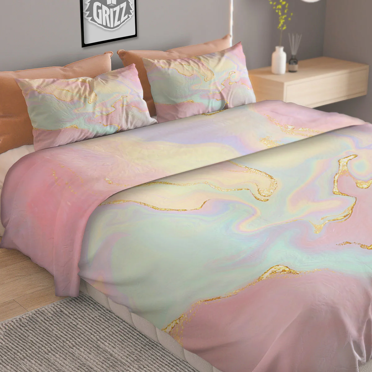 Cute Pastel Gold Marble Print Duvet Cover Bedding Set - Image 2