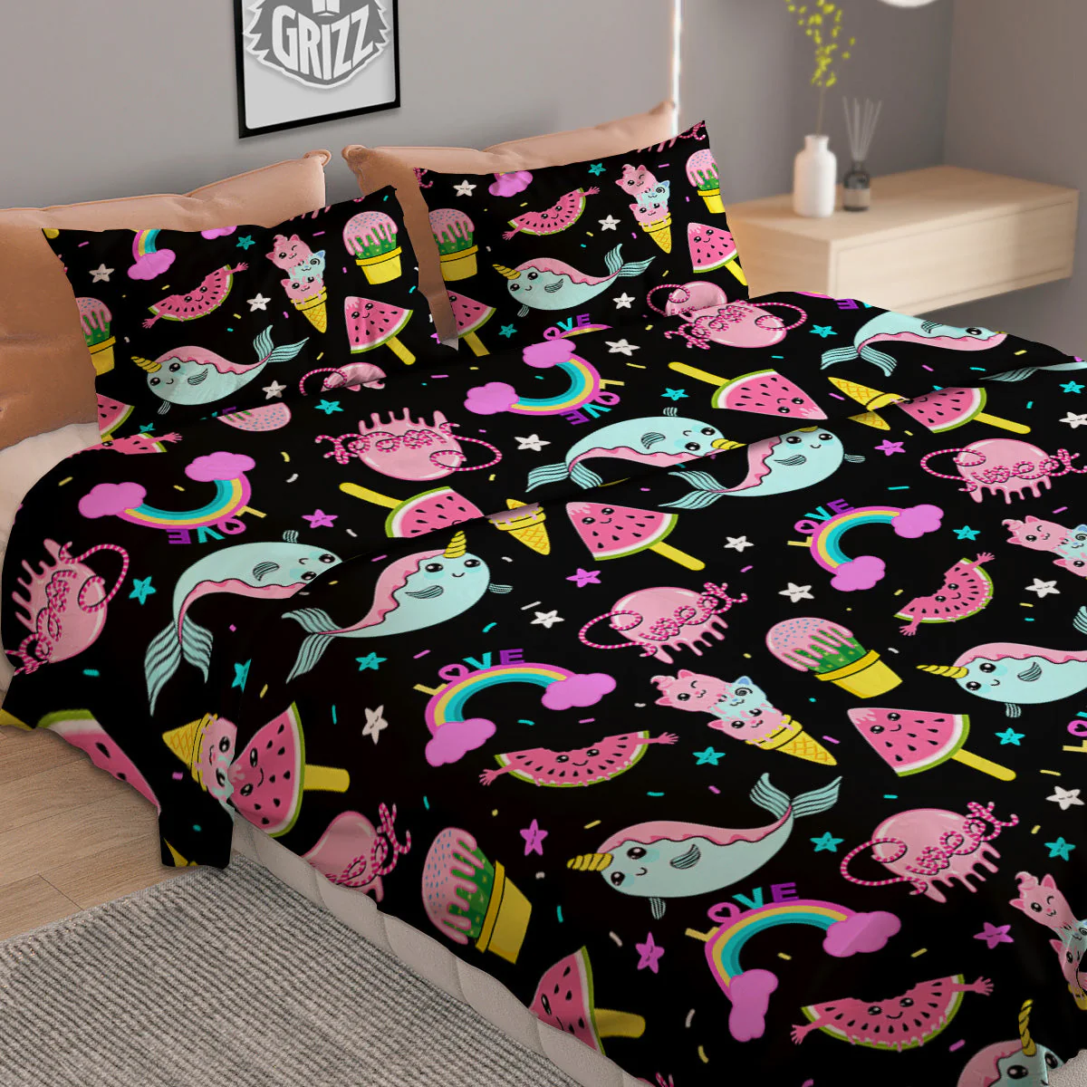 Cute Pink Ice Cream Narwhal Rainbow Print Pattern Duvet Cover Bedding Set - Image 2