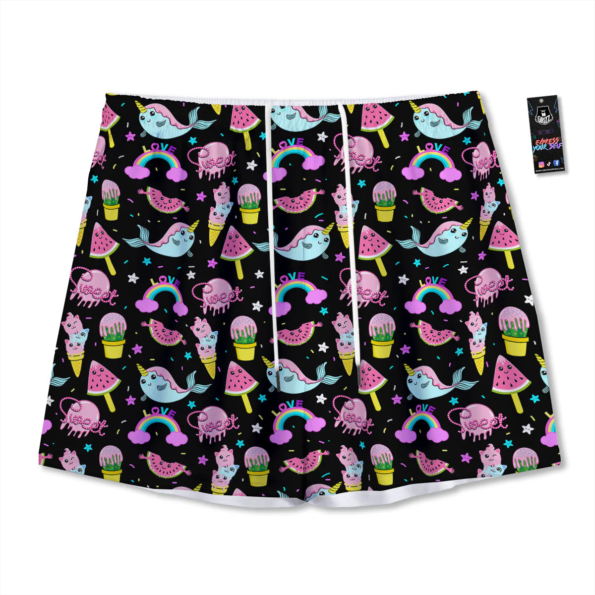 Cute Pink Ice Cream Narwhal Rainbow Print Pattern Mesh Shorts