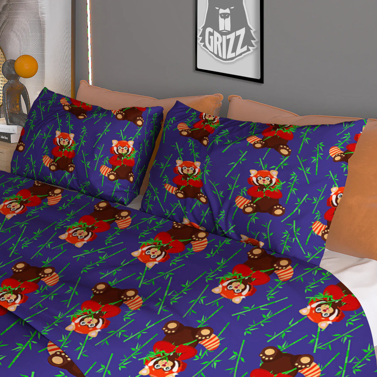 Cute Red Raccoon And Bamboo Print Pattern Duvet Cover Bedding Set - Image 3