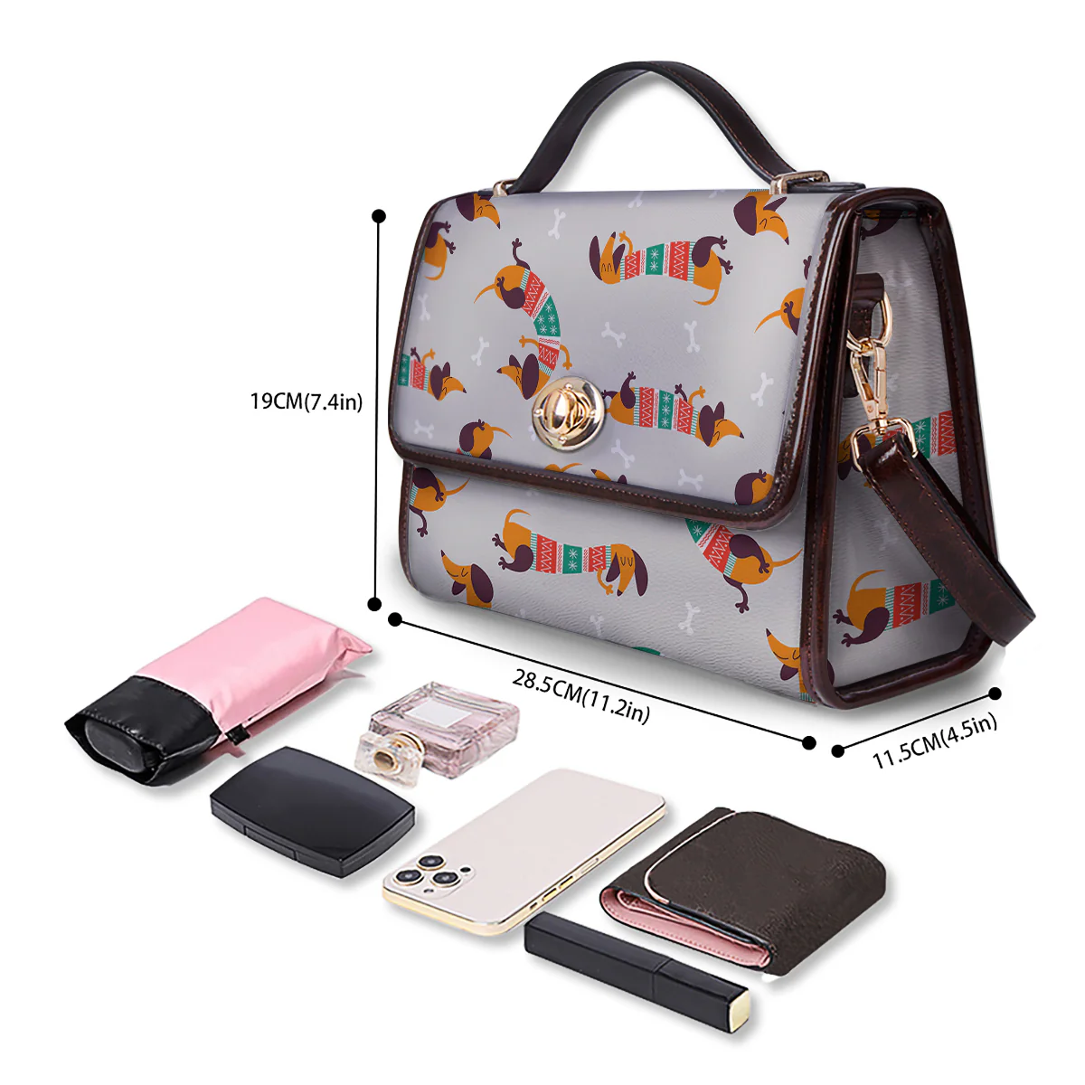 Dachshund Xmas Print Pattern Women's Satchel Bag - Image 4