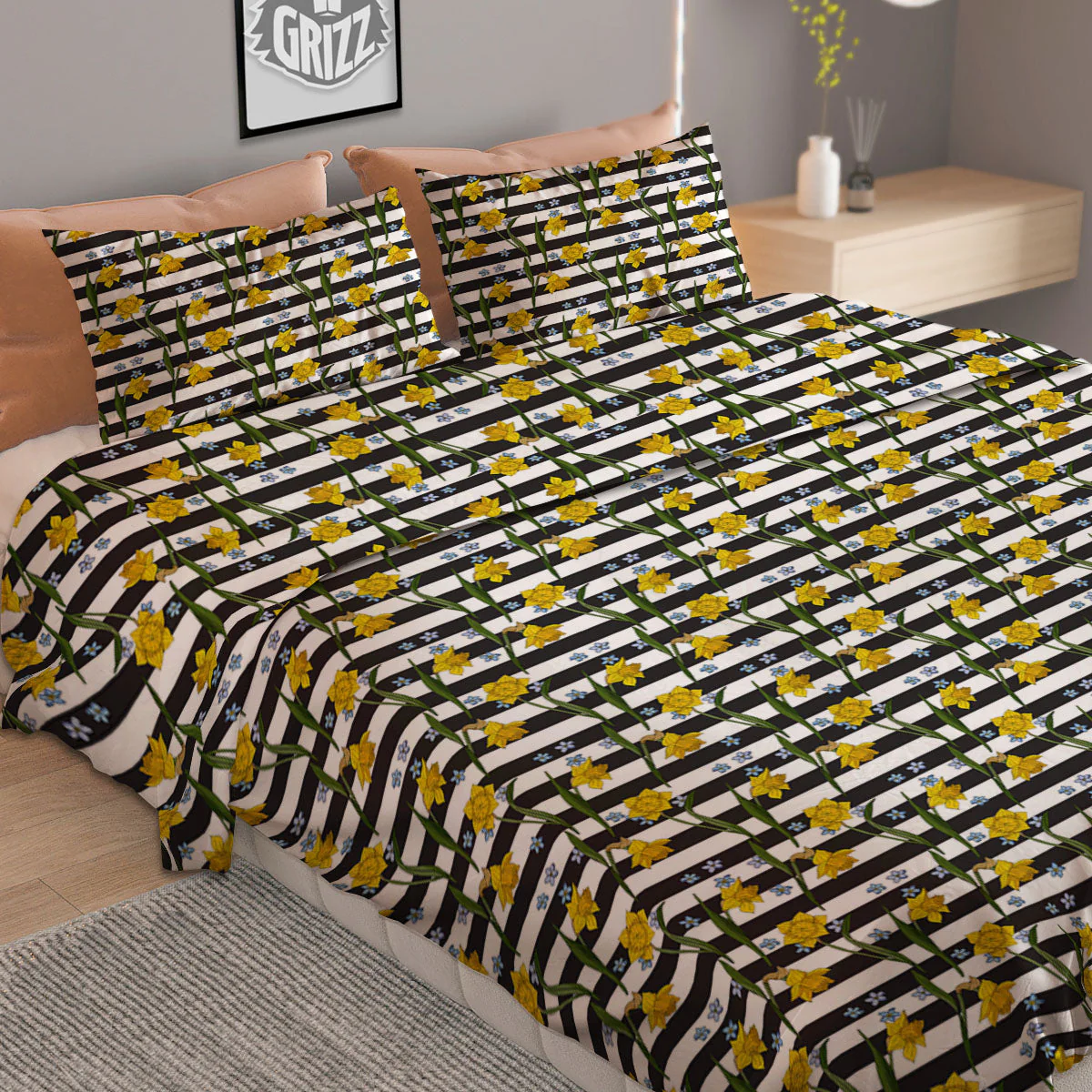 Daffodil Black Striped Print Pattern Duvet Cover Bedding Set - Image 2
