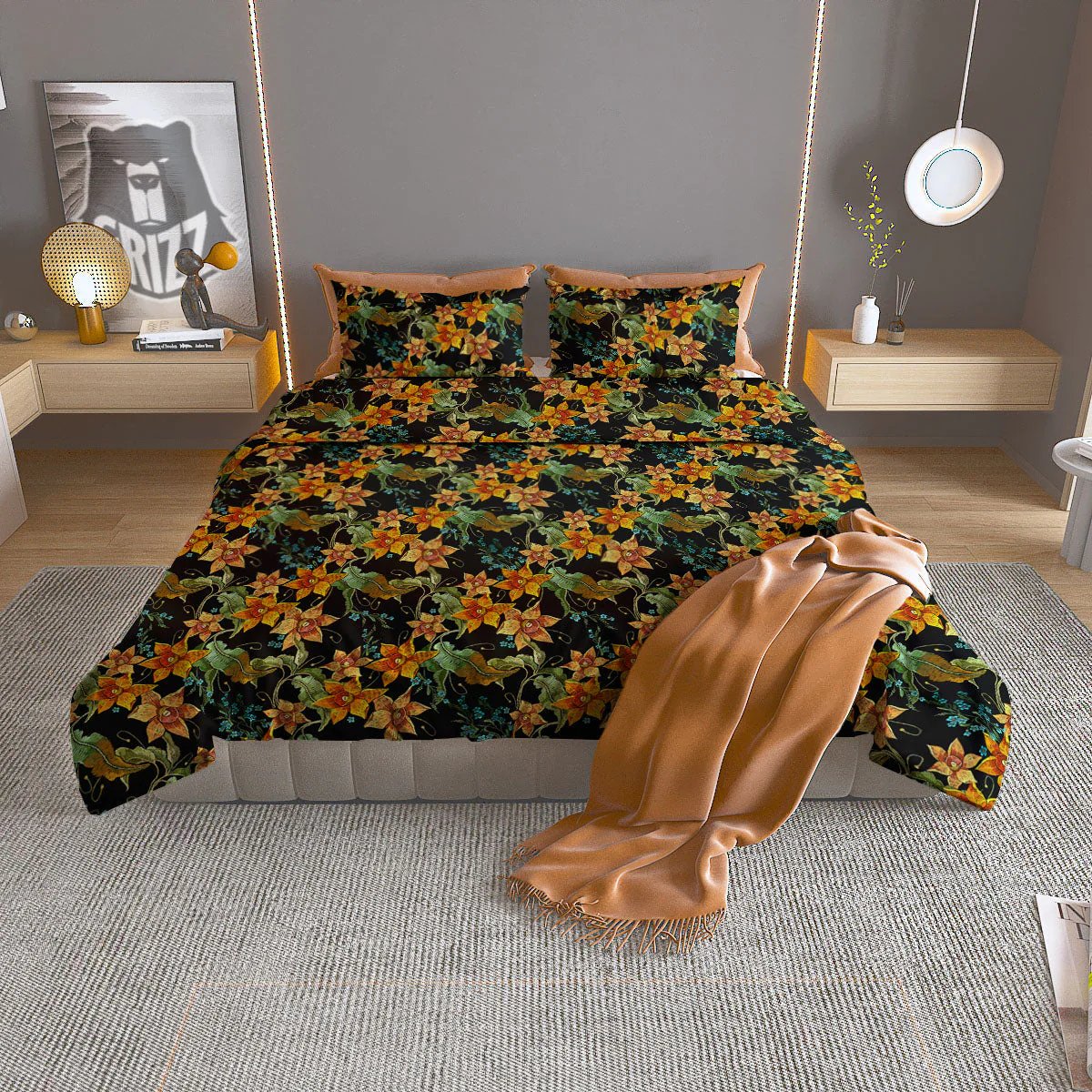 Daffodil Yellow And Black Print Pattern Duvet Cover Bedding Set