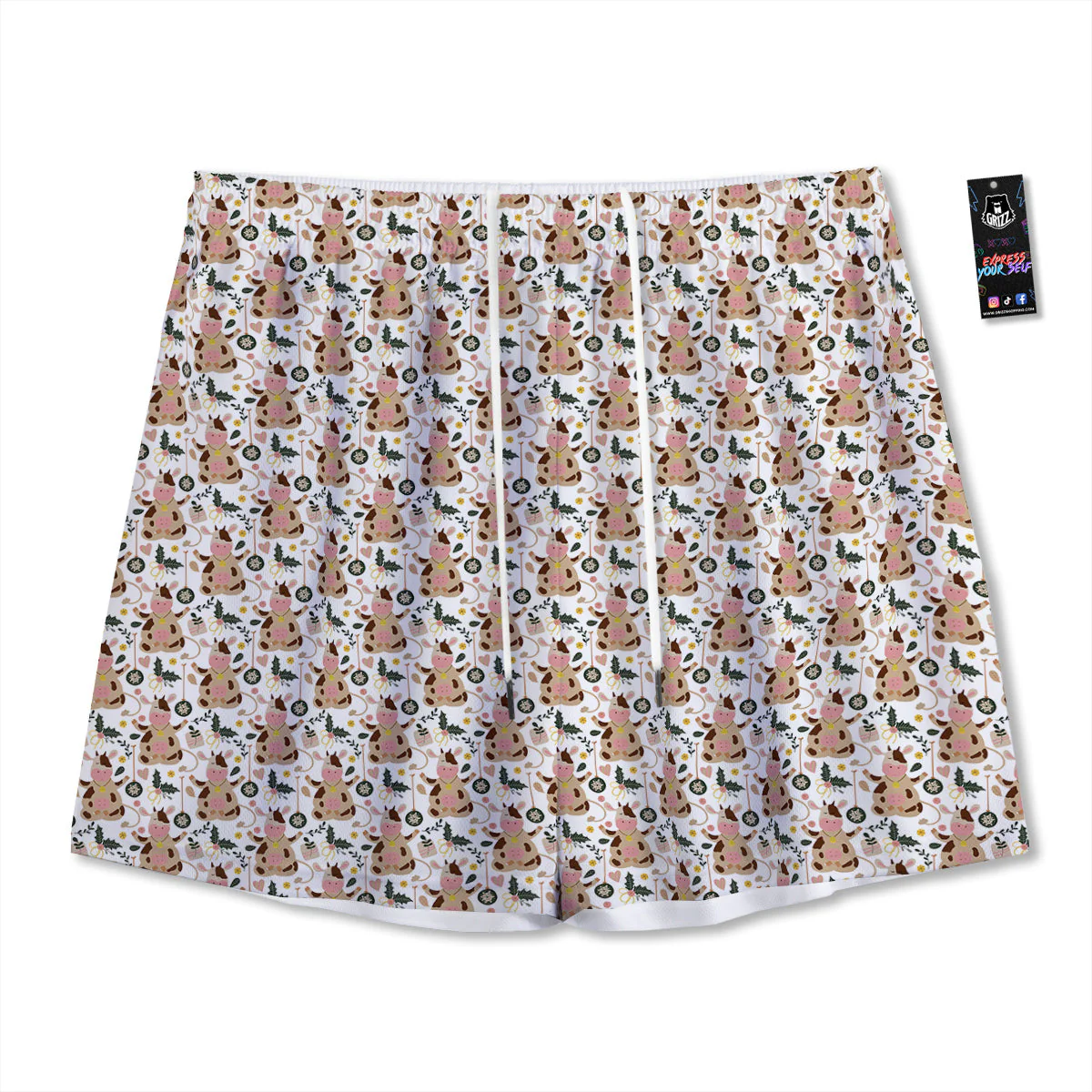 Dairy Cow Cartoon Happy Print Pattern Mesh Shorts