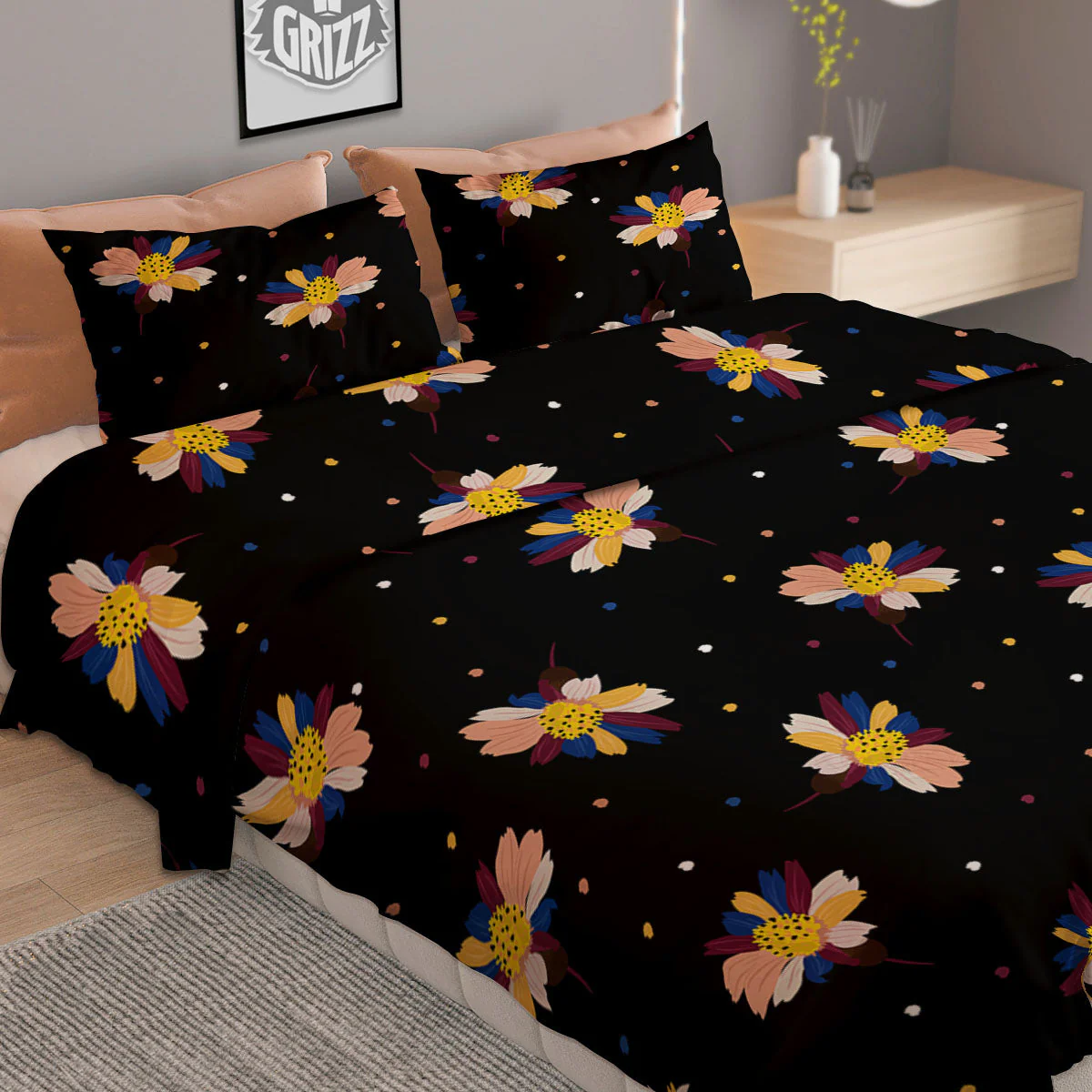 Daisy Floral Polka Dot Print Pattern Duvet Cover Bedding Set - Image 2