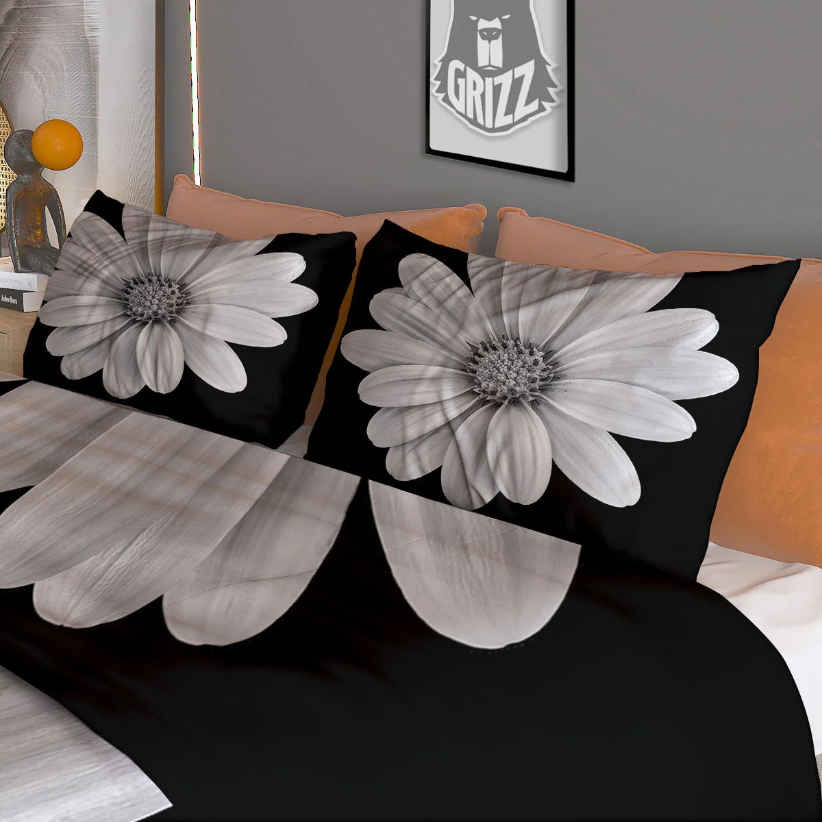 Daisy Flower Monochrome Print Duvet Cover Bedding Set - Image 3