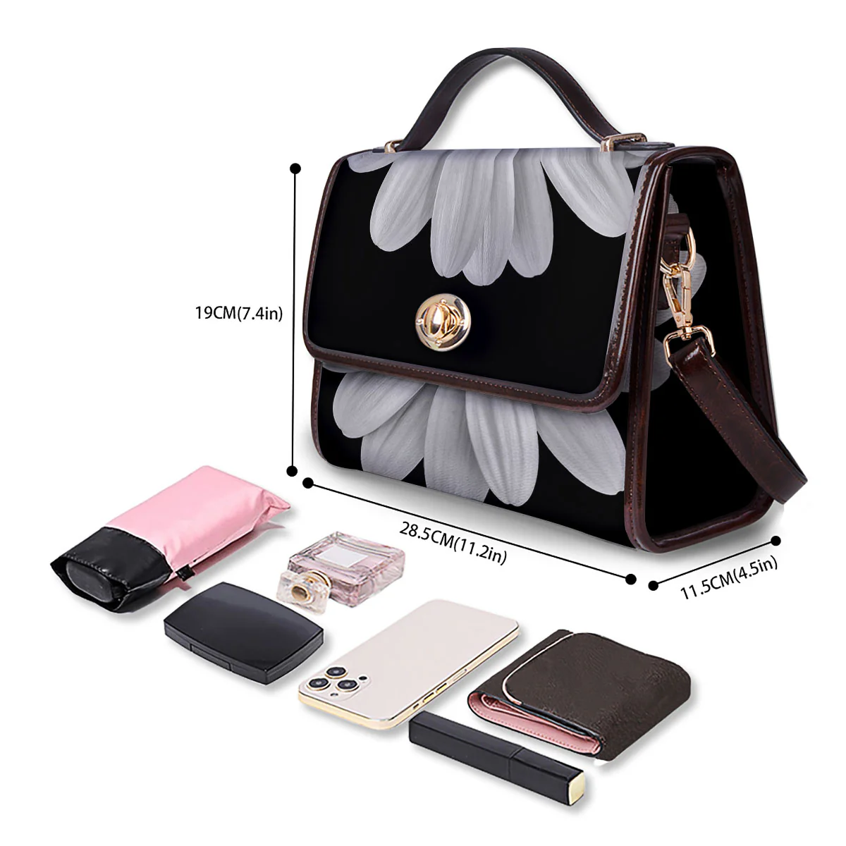 Daisy Flower Monochrome Print Women's Satchel Bag - Image 4