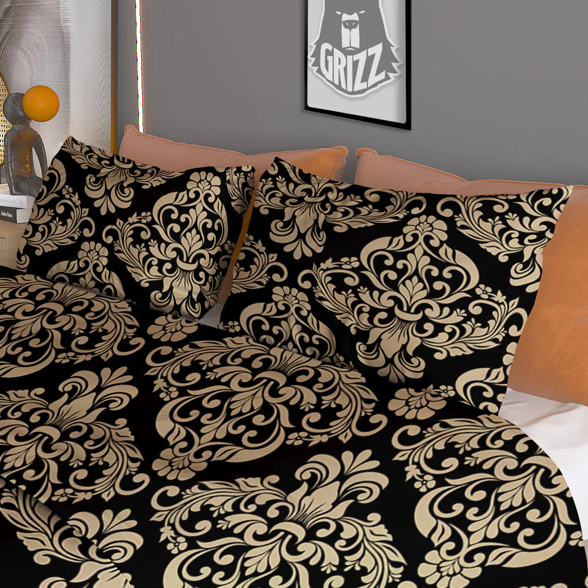 Damask Beige And Black Print Pattern Duvet Cover Bedding Set - Image 3