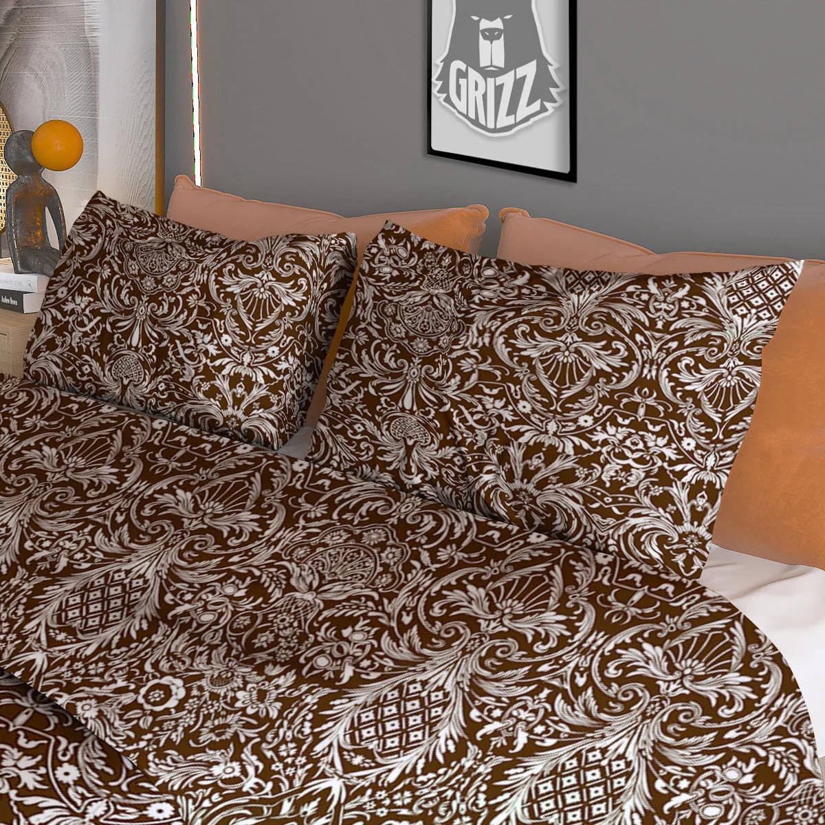 Damask Brown Print Pattern Duvet Cover Bedding Set - Image 3