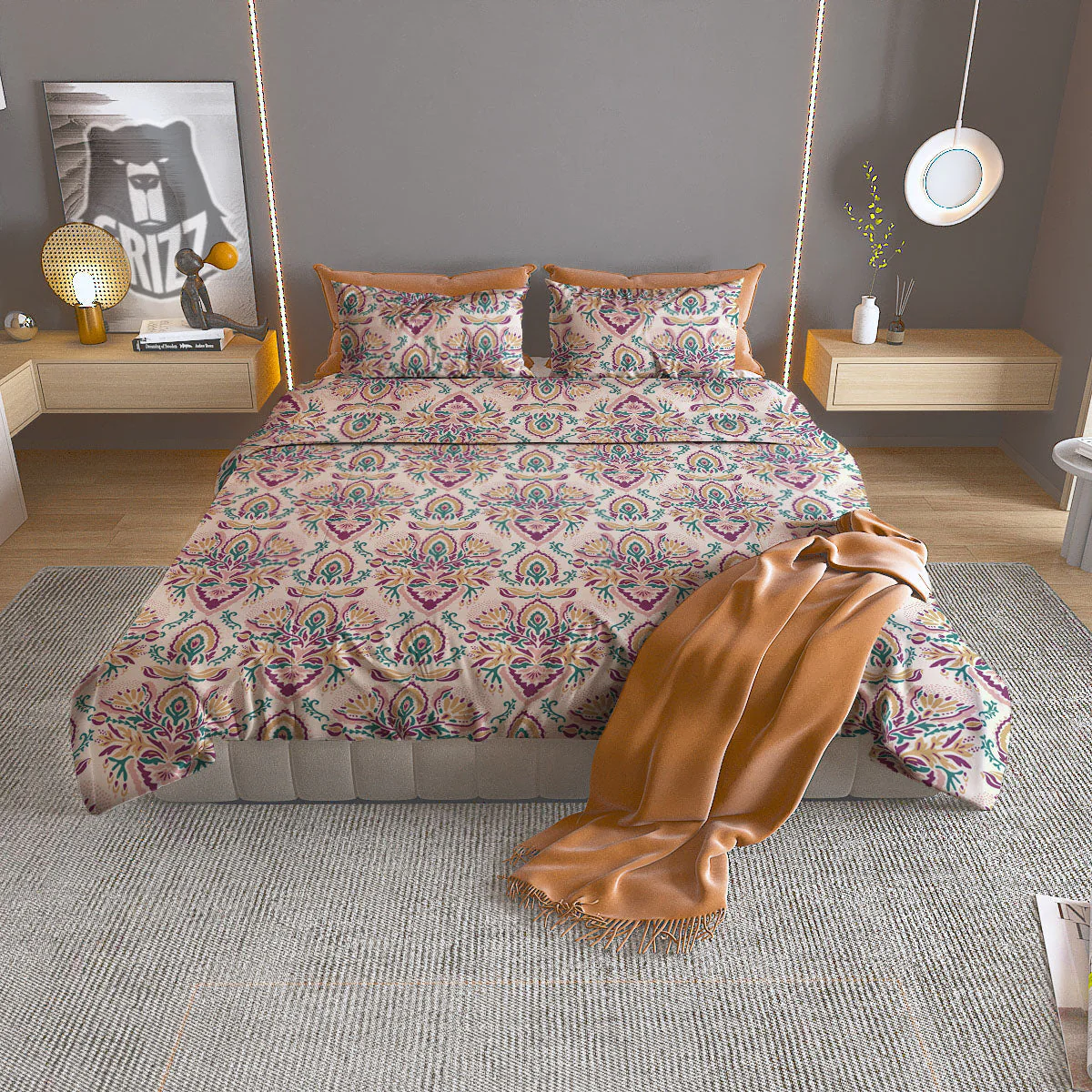 Damask Colorful Print Pattern Duvet Cover Bedding Set