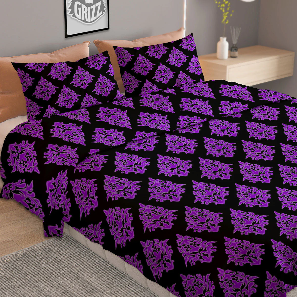 Damask Purple And Black Print Pattern Duvet Cover Bedding Set - Image 2