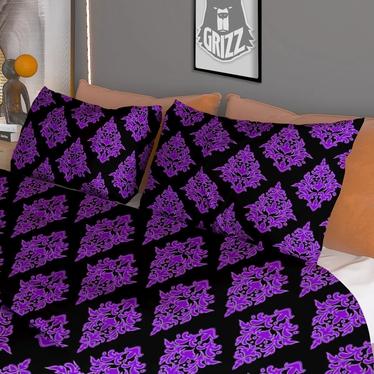 Damask Purple And Black Print Pattern Duvet Cover Bedding Set - Image 3