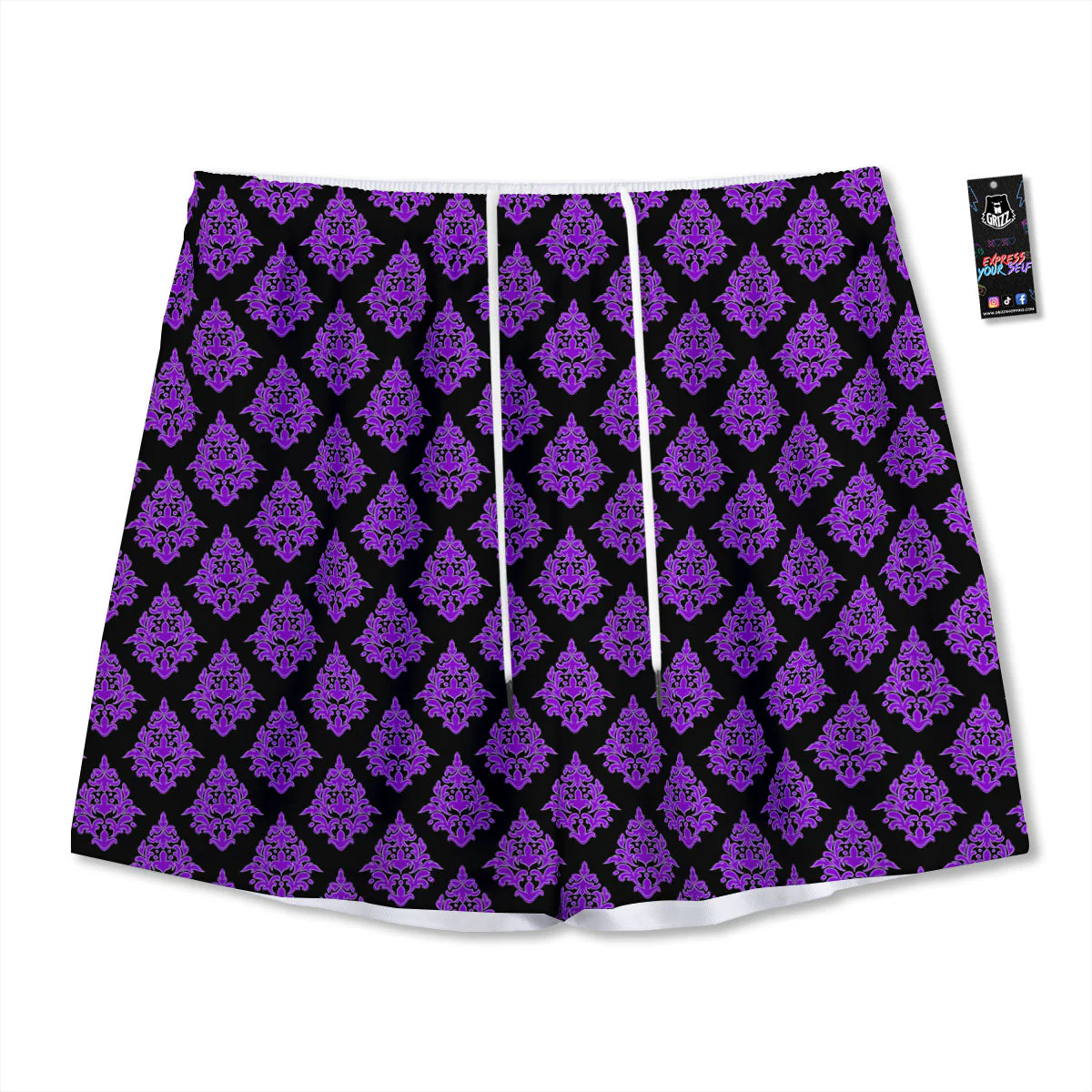 Damask Purple And Black Print Pattern Mesh Shorts