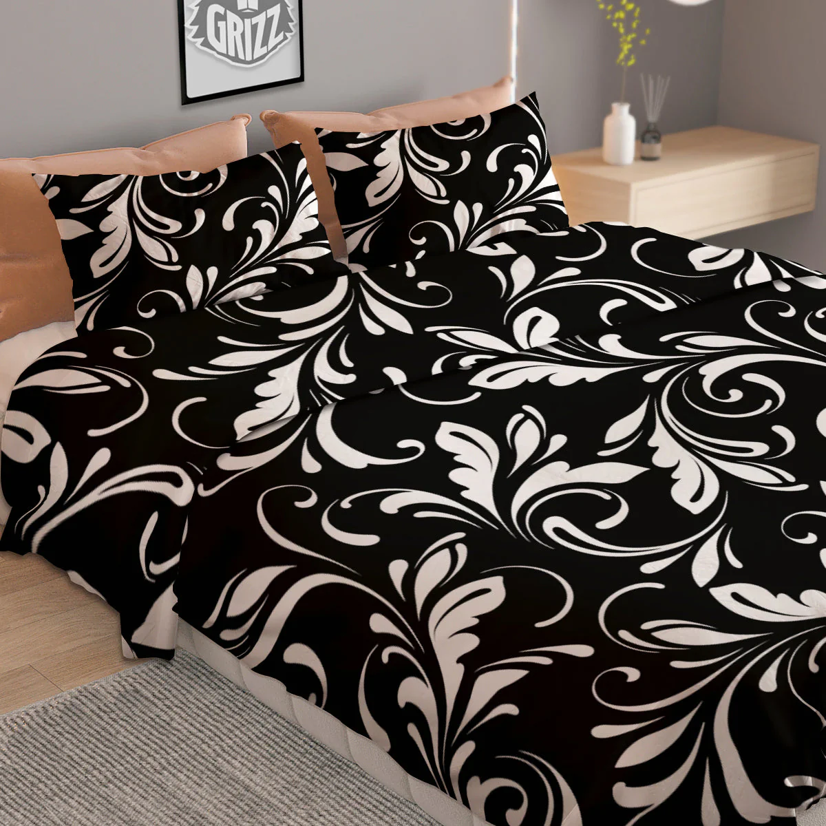 Damask White And Black Print Pattern Duvet Cover Bedding Set - Image 2