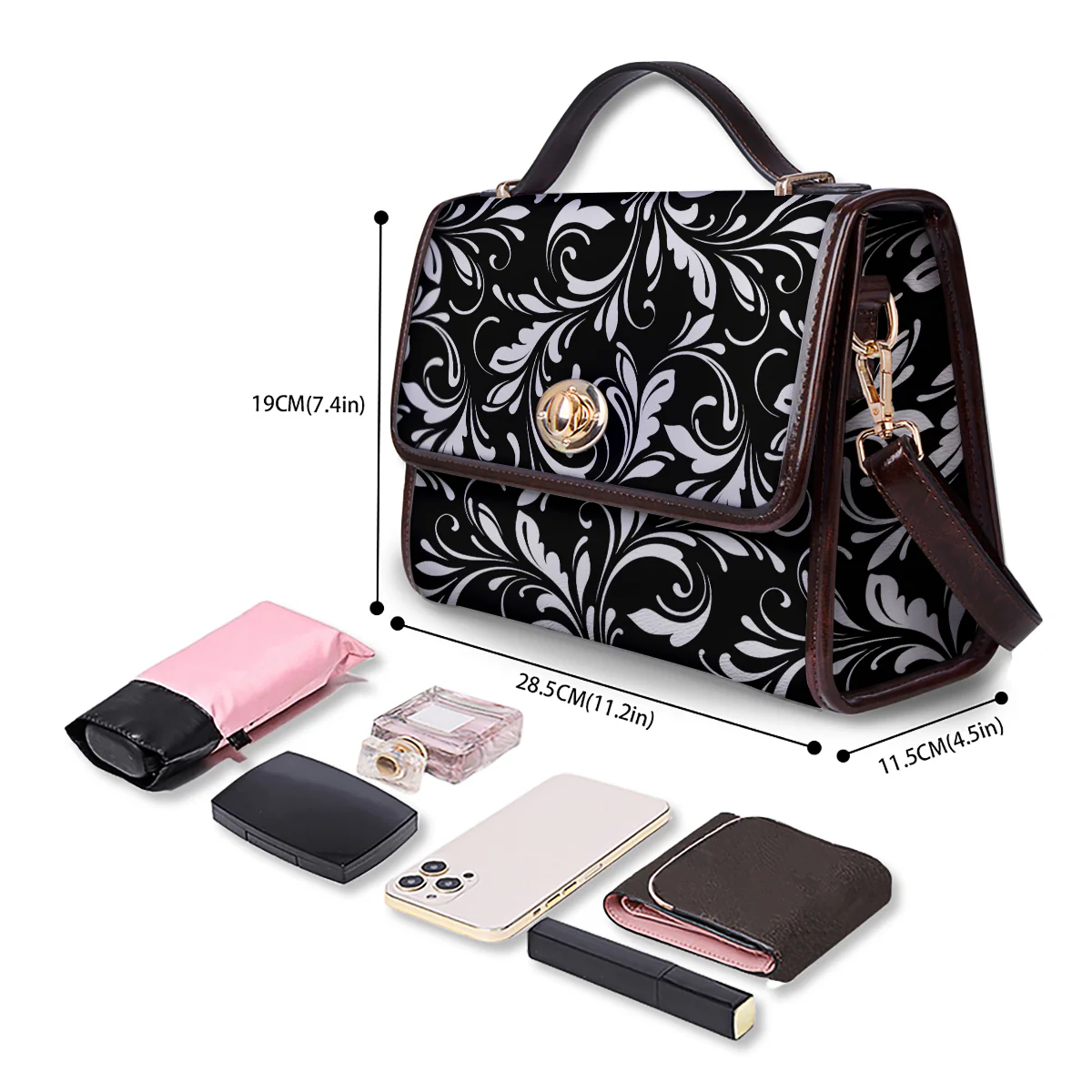 Damask White And Black Print Pattern Women's Satchel Bag - Image 4