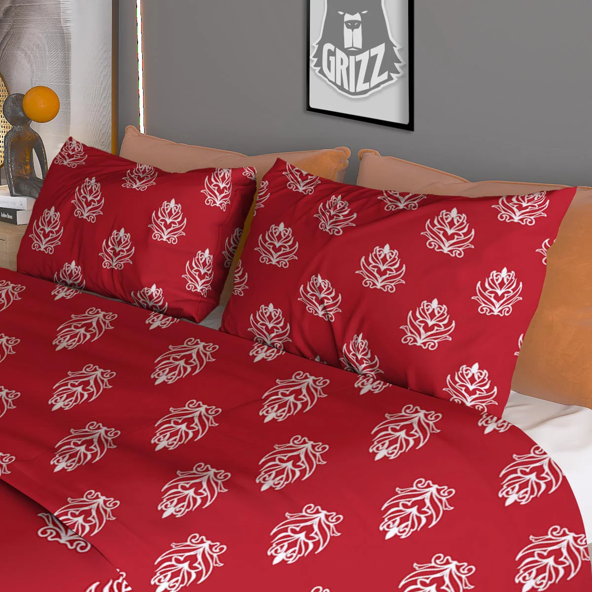 Damask White And Red Print Pattern Duvet Cover Bedding Set - Image 3