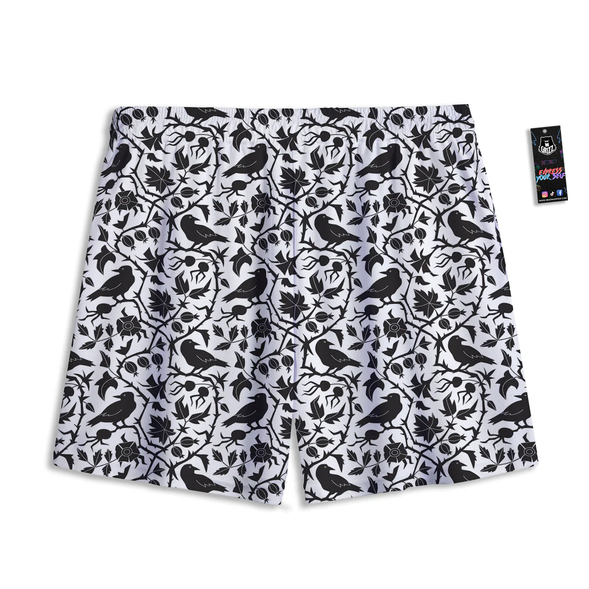 Dark Floral And Crow Print Pattern Mesh Shorts - Image 2