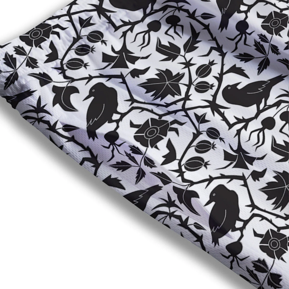 Dark Floral And Crow Print Pattern Mesh Shorts - Image 3