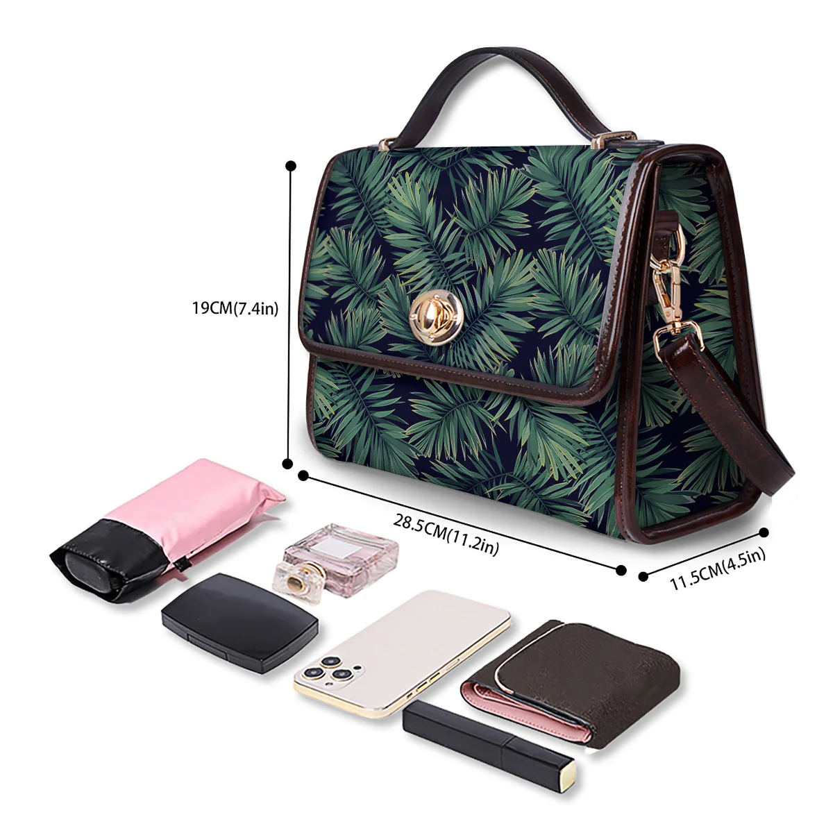 Dark Green Palm Tree Print Pattern Women's Satchel Bag - Image 4
