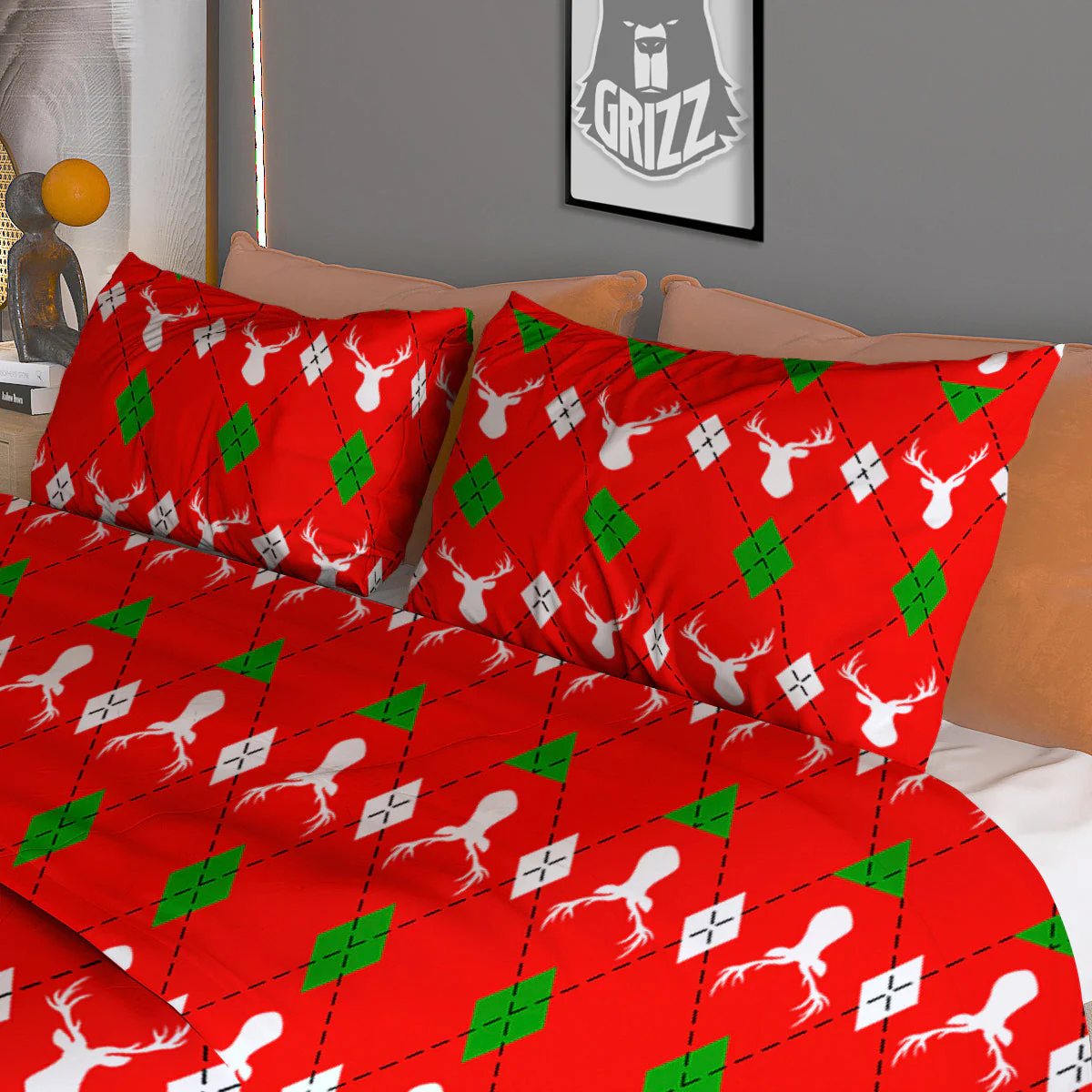 Deer Argyle Christmas Print Pattern Duvet Cover Bedding Set - Image 3