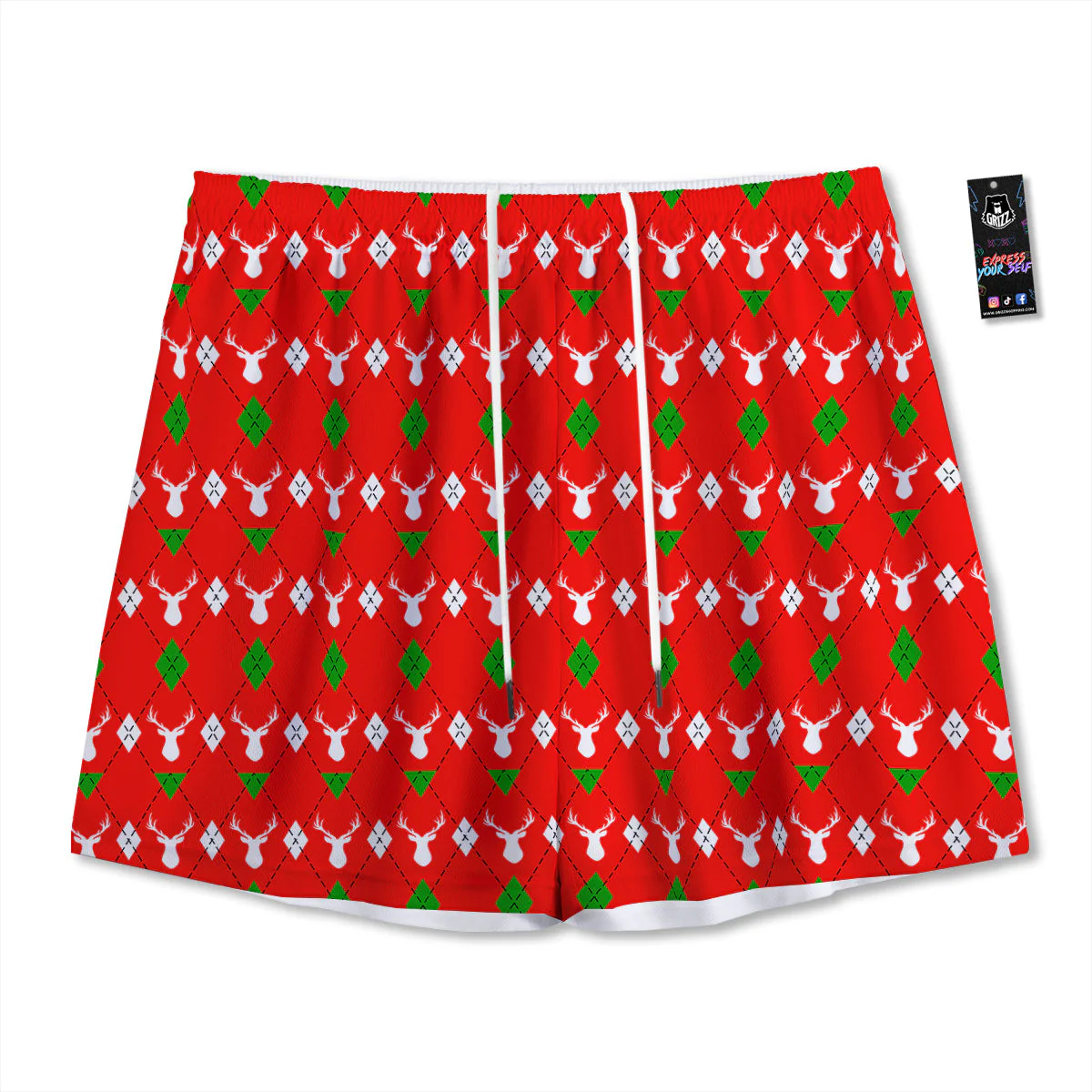 Deer Argyle Christmas Print Pattern Mesh Shorts