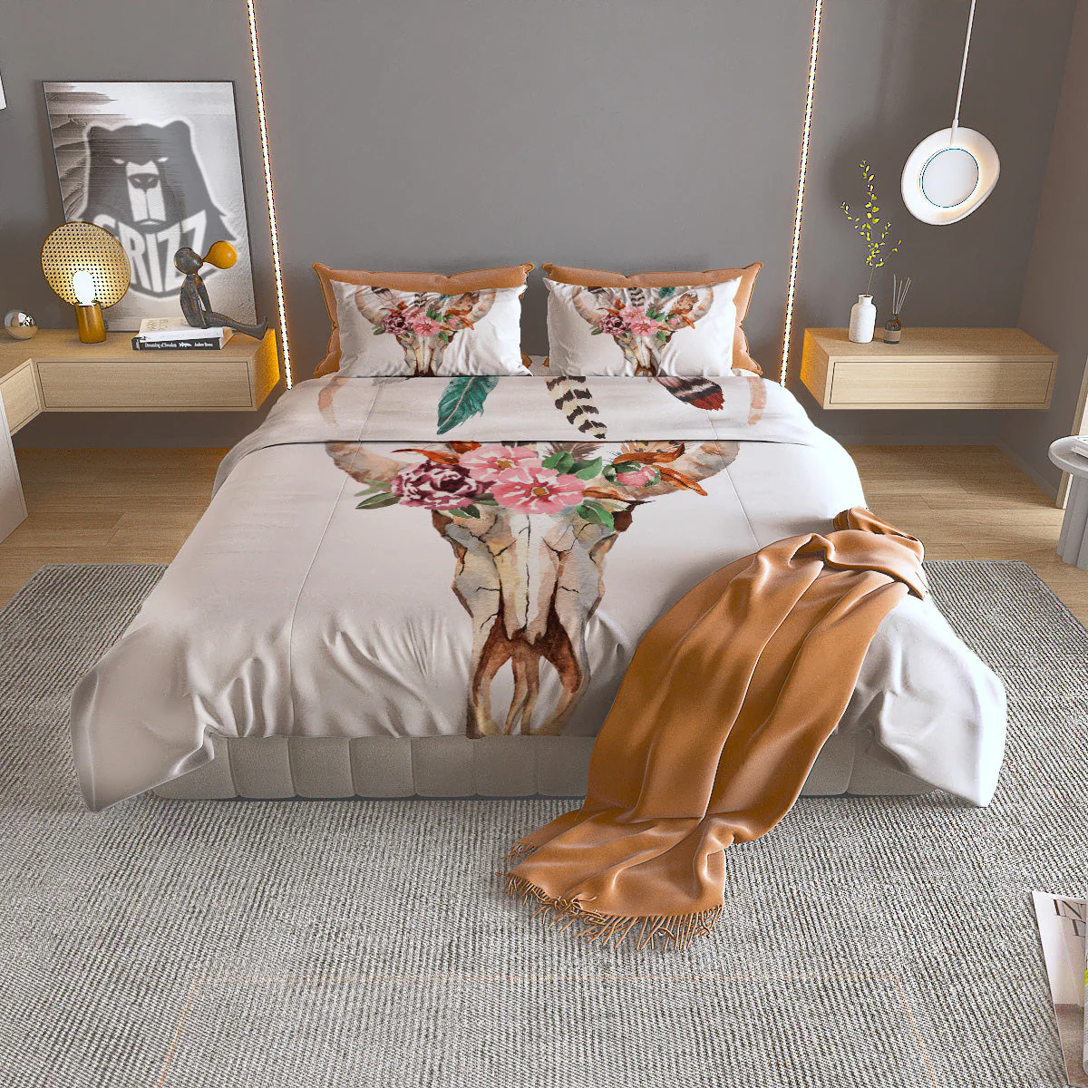 Deer Skull Boho Floral Print Duvet Cover Bedding Set
