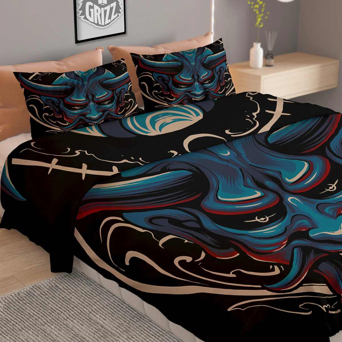 Demon Japanese Blue Print Duvet Cover Bedding Set - Image 2