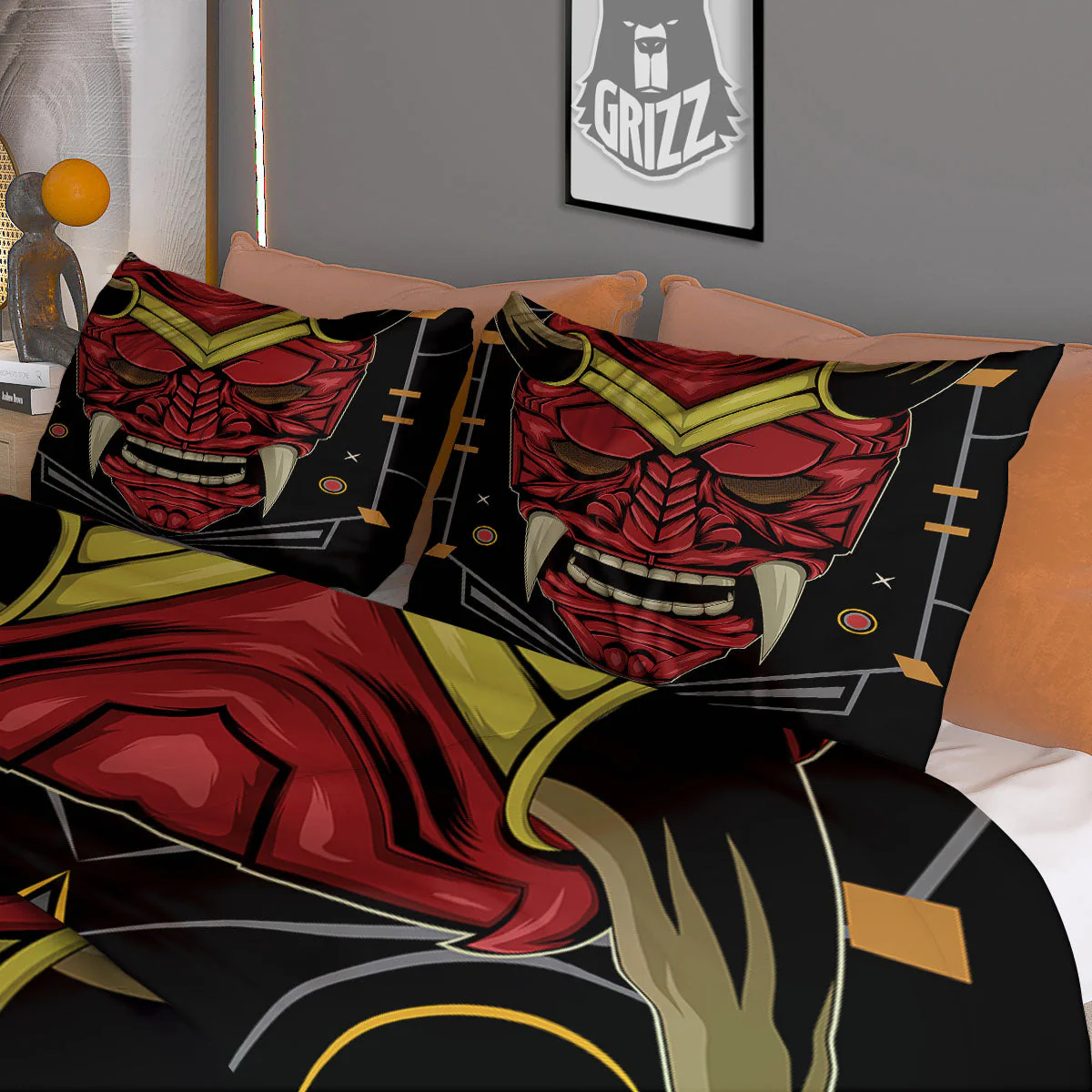 Demon Mask Red Japanese Print Duvet Cover Bedding Set - Image 3
