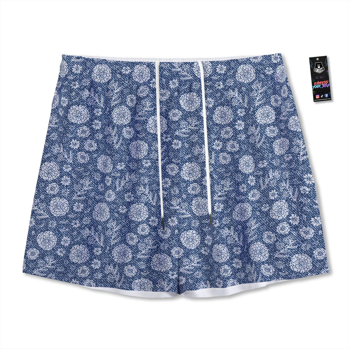 Denim Jeans Flower Print Pattern Mesh Shorts