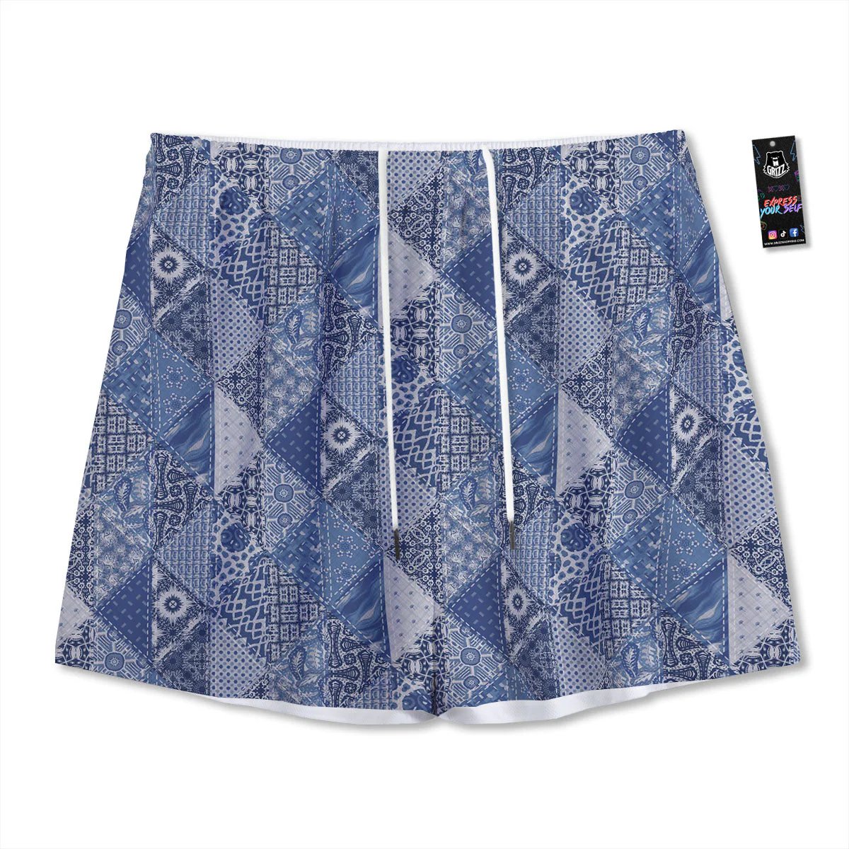 Denim Jeans Patchwork Print Pattern Mesh Shorts