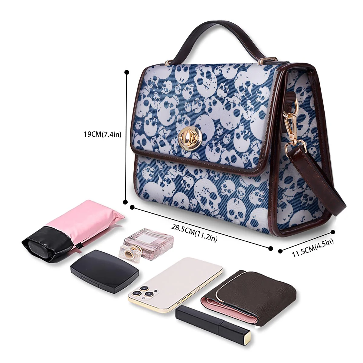Denim Jeans Skull Print Pattern Women's Satchel Bag - Image 4