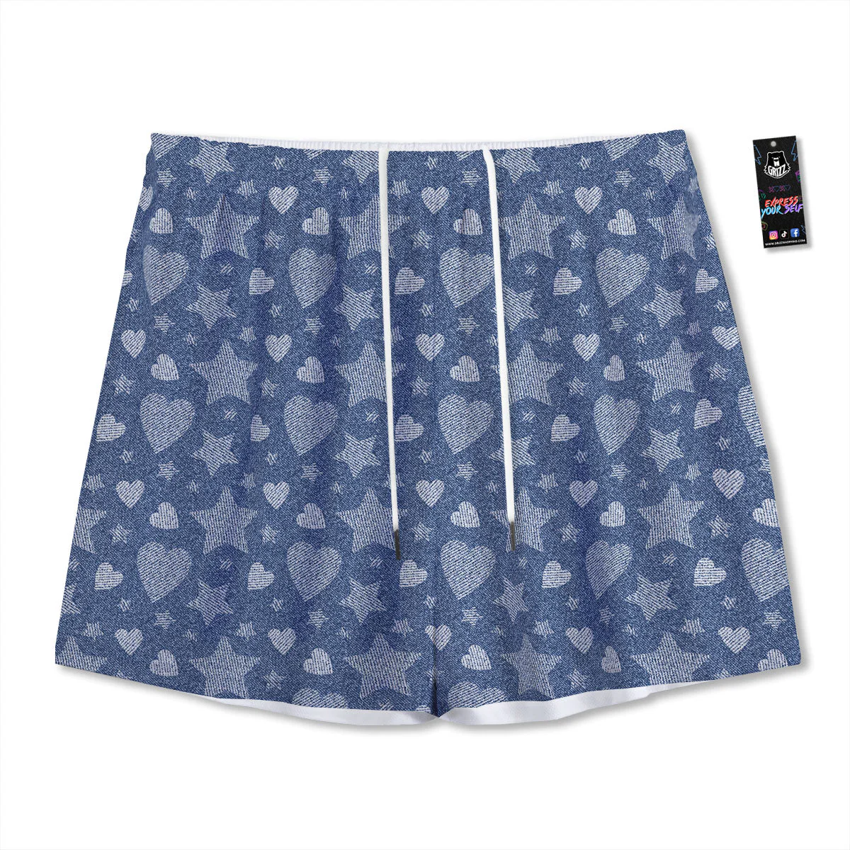 Denim Star Jeans And Heart Print Pattern Mesh Shorts