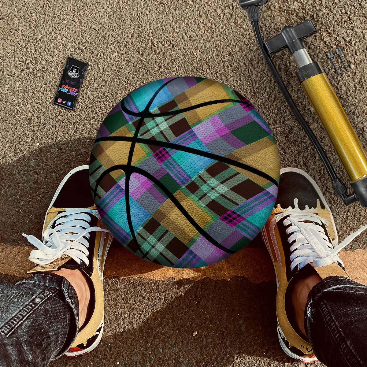 Diagonal Madras Blue Tartan Plaid Print Pattern Basketball - Image 2