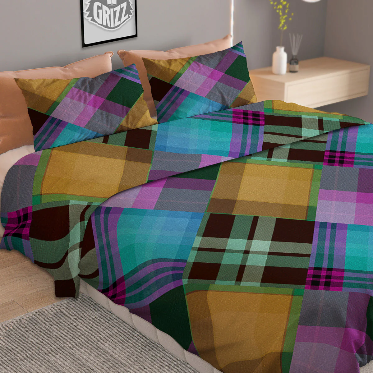 Diagonal Madras Blue Tartan Plaid Print Pattern Duvet Cover Bedding Set - Image 2
