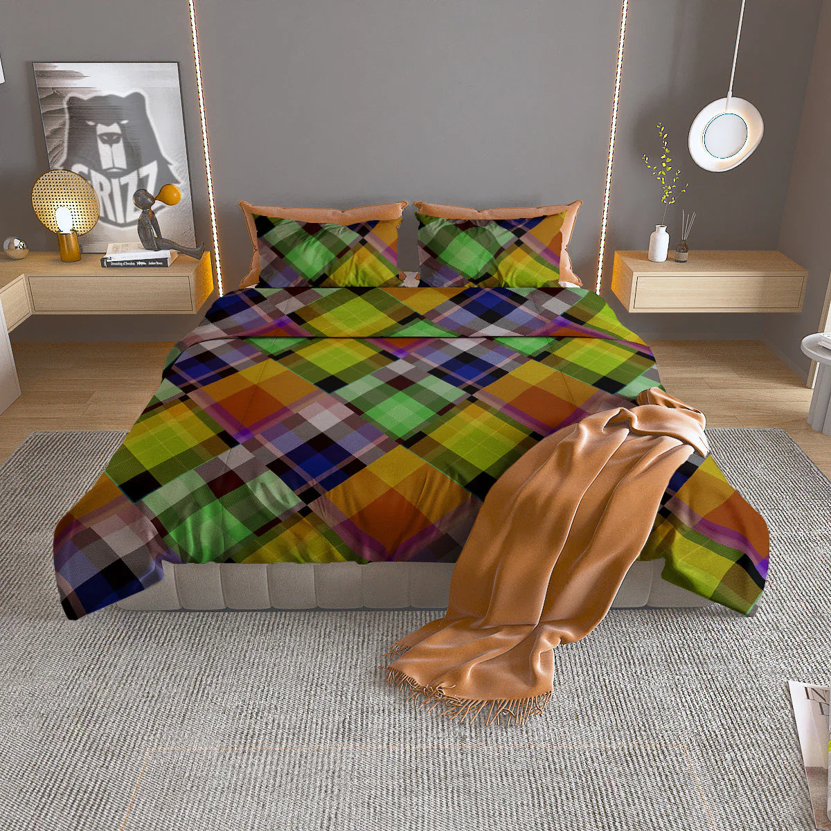 Diagonal Madras Plaid Print Pattern Duvet Cover Bedding Set