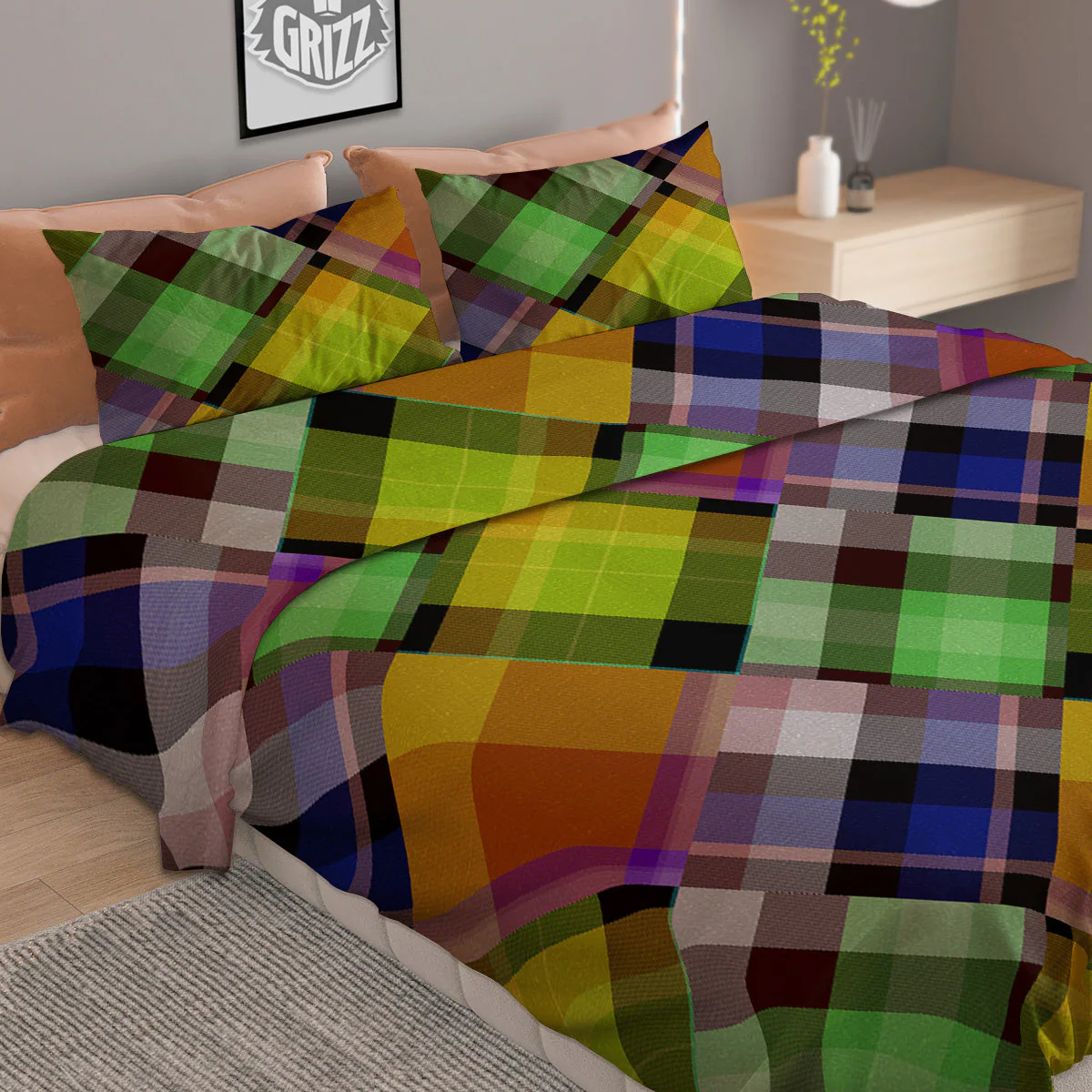 Diagonal Madras Plaid Print Pattern Duvet Cover Bedding Set - Image 2