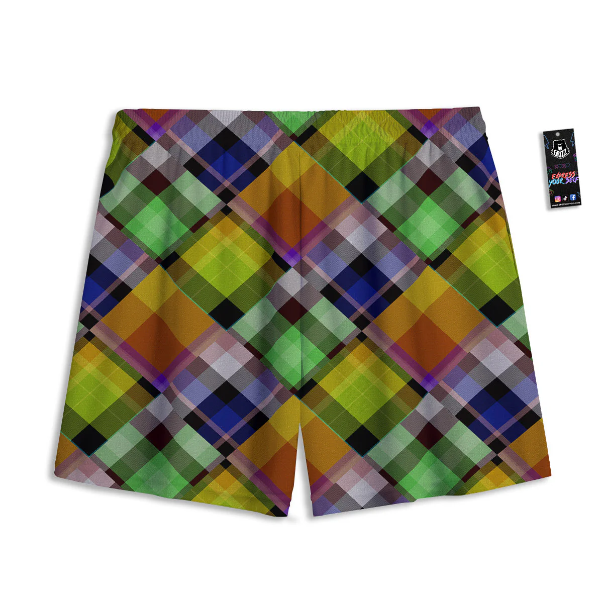 Diagonal Madras Plaid Print Pattern Mesh Shorts - Image 2