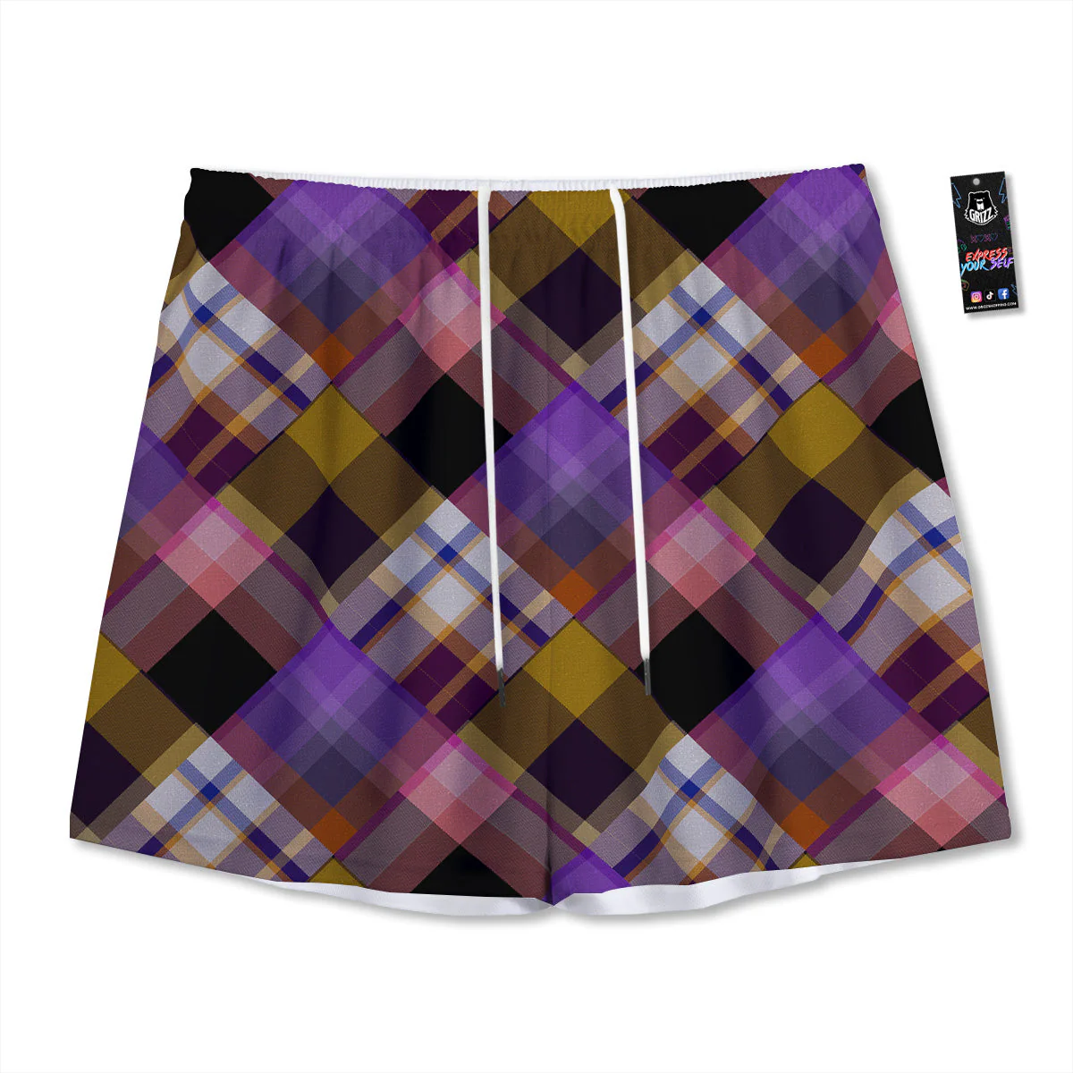 Diagonal Madras Tartan Plaid Print Pattern Mesh Shorts