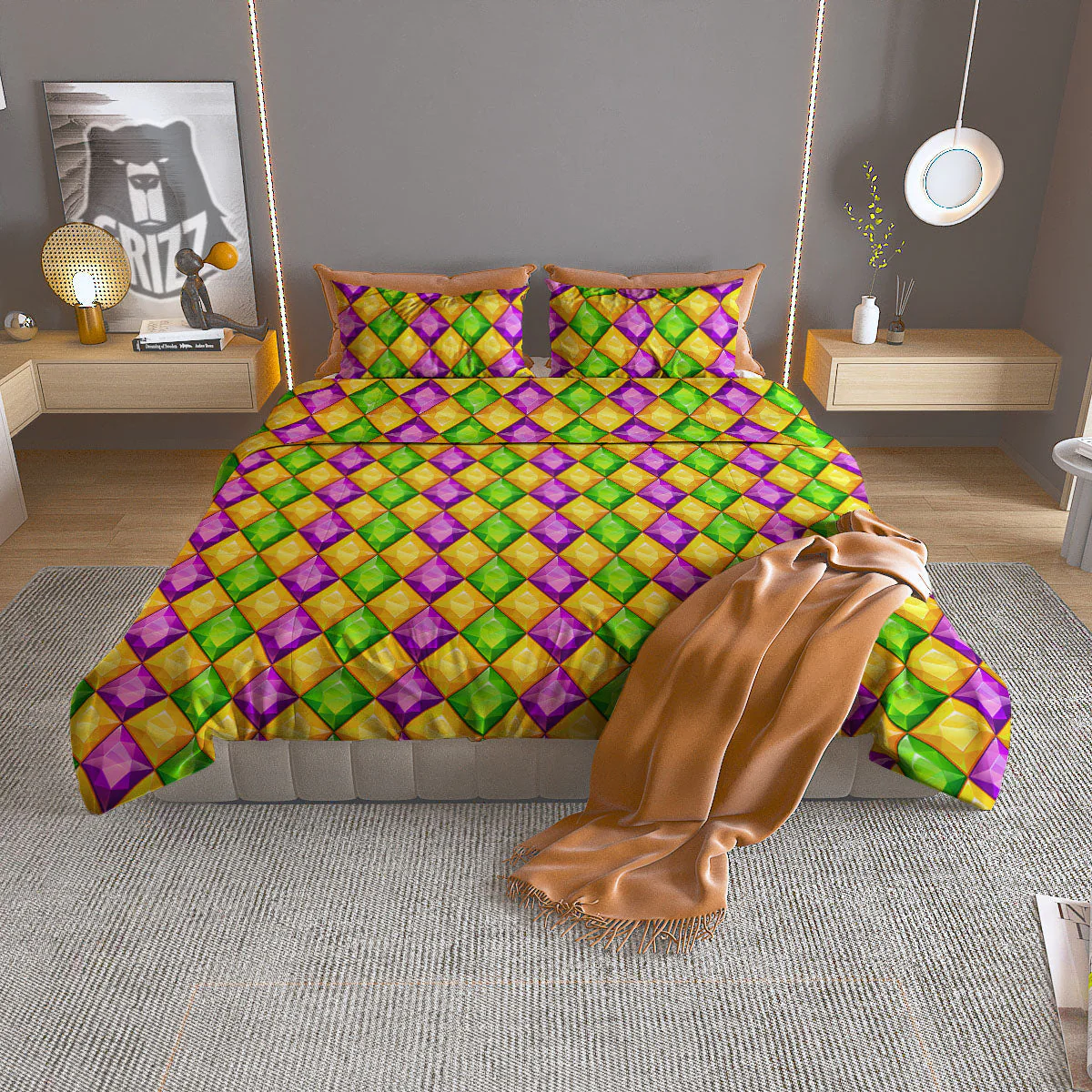 Diamond Mardi Gras Print Pattern Duvet Cover Bedding Set