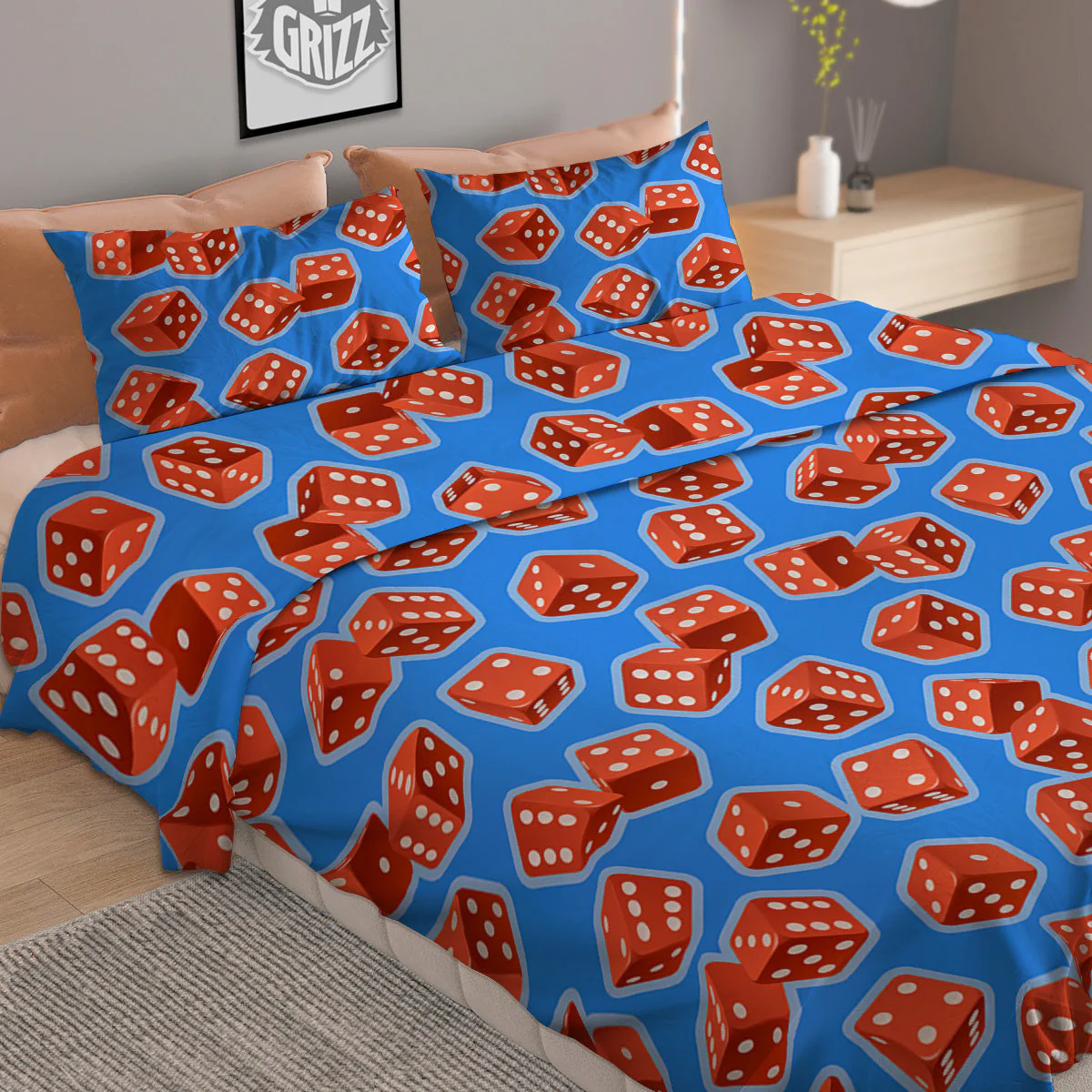 Dice Blue And Red Print Pattern Duvet Cover Bedding Set - Image 2