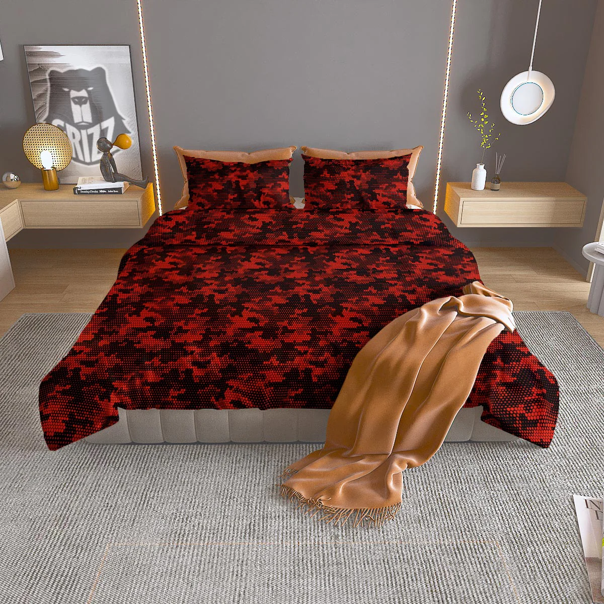Digital Camo Black And Red Print Pattern Duvet Cover Bedding Set
